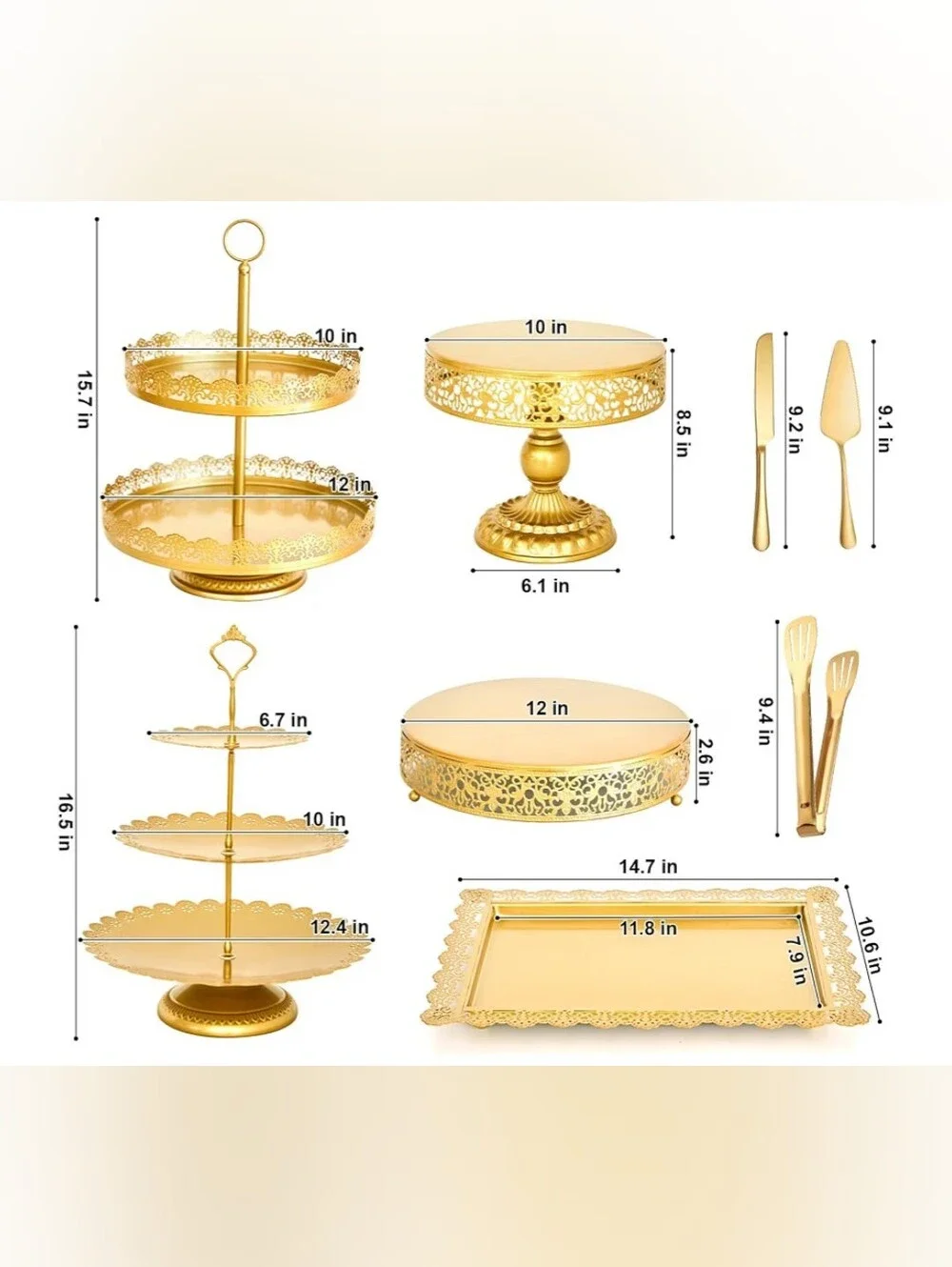 11 PC Gold Dessert Serving Set - Elegant Party Cake Stands & Trays NIB